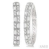 1 ctw Basket Weave Baguette and Round Cut Diamond Hoop Earrings in 14K White Gold